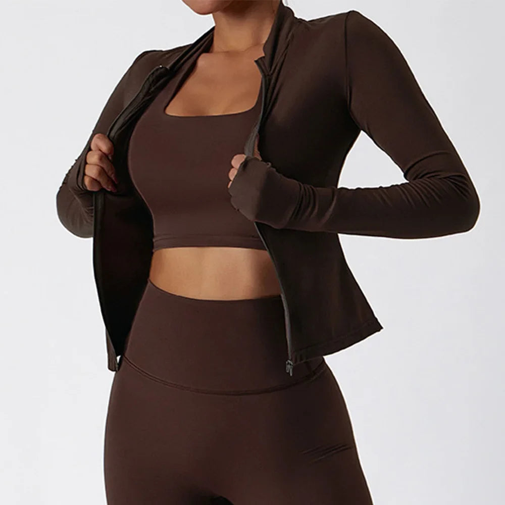 Women Zipper Jacket Yoga T-shirts Solid Sports Top Long Sleeve Crop Tops Running Shirts Sexy Quick Dry Fitness Gym Sport Wear