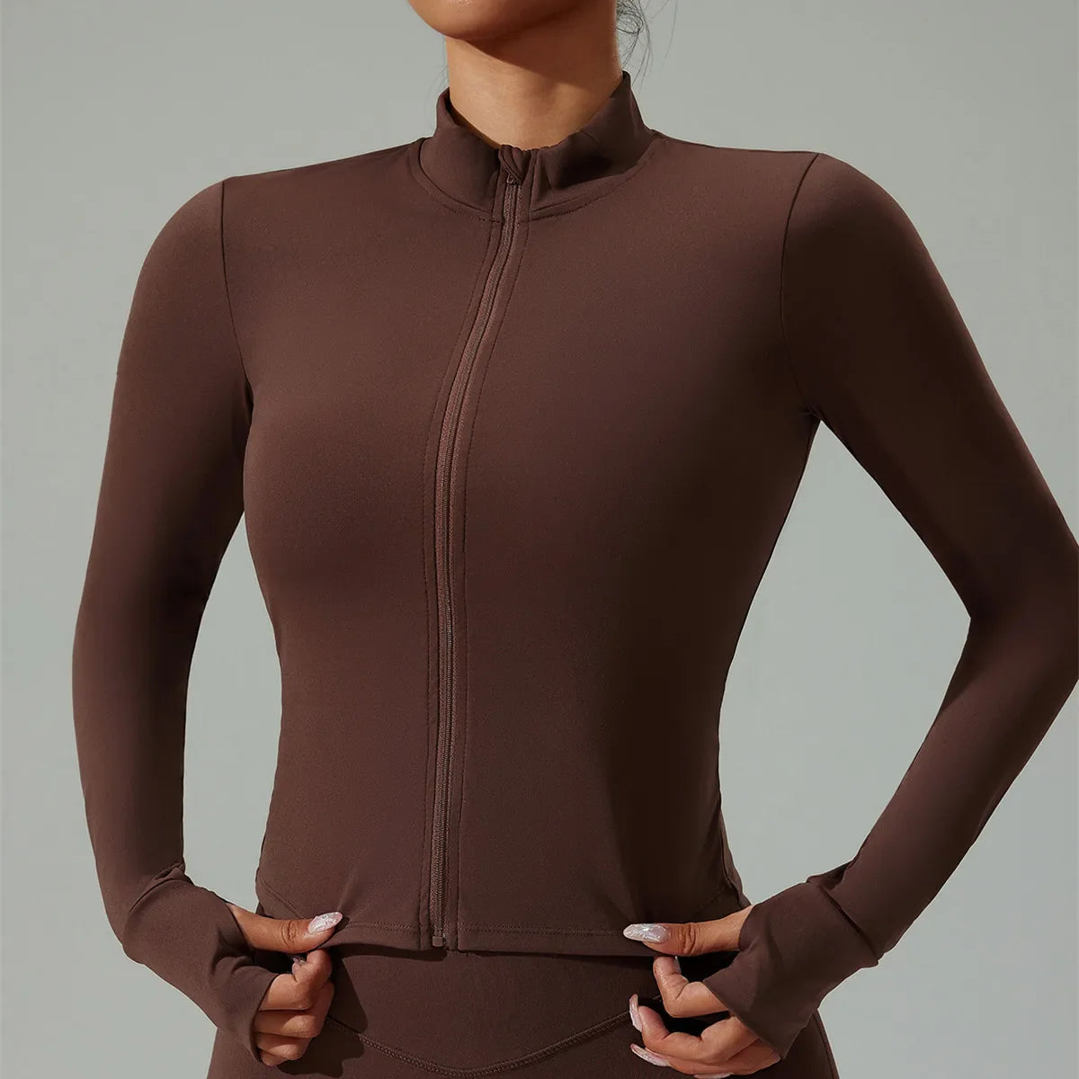 Women Zip Yoga Jacket Outdoor Running Sports Jacket Gym Push Up Fitness Long Sleeved Jacket Quick Drying Thumb Button Yoga Top