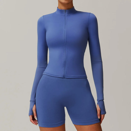 Women Zipper Jacket Yoga T-shirts Solid Sports Top Long Sleeve Crop Tops Running Shirts Sexy Quick Dry Fitness Gym Sport Wear