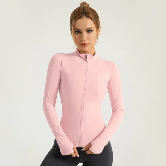 Nude yoga clothes, sports jackets, slim-fit nylon stand-up collar, tight-fitting jackets, tops, running fitness clothes